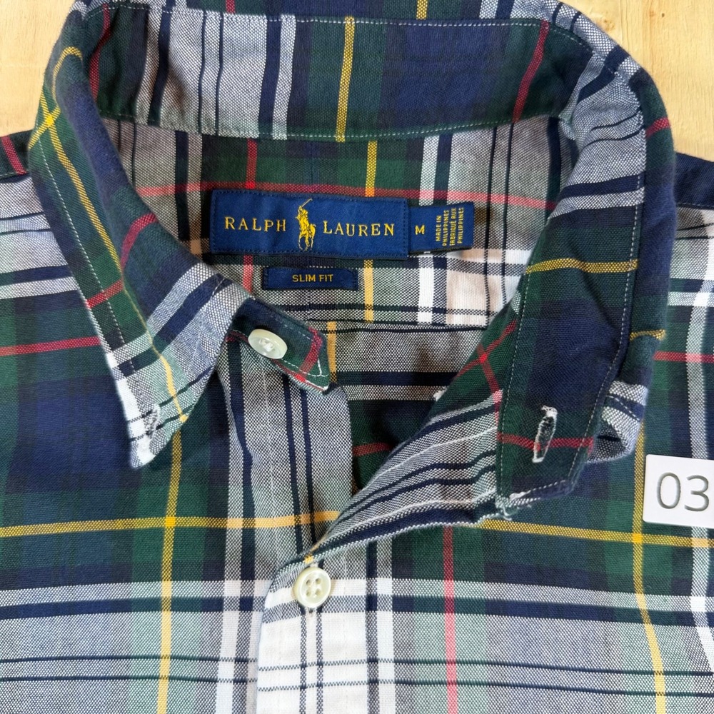 Polo Ralph Lauren Mens Medium Slim Fit Plaid Button Down Shirt Navy Green White - Picture 2 of 5